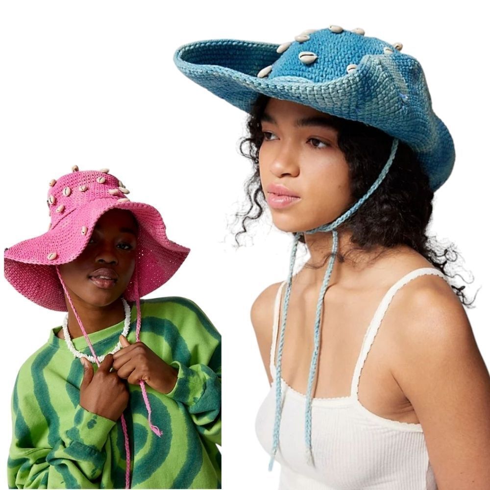 💯 Cotton Ombre Blue Foldable Crochet Wide Brim Sun Hat Faux Seashells Accents
